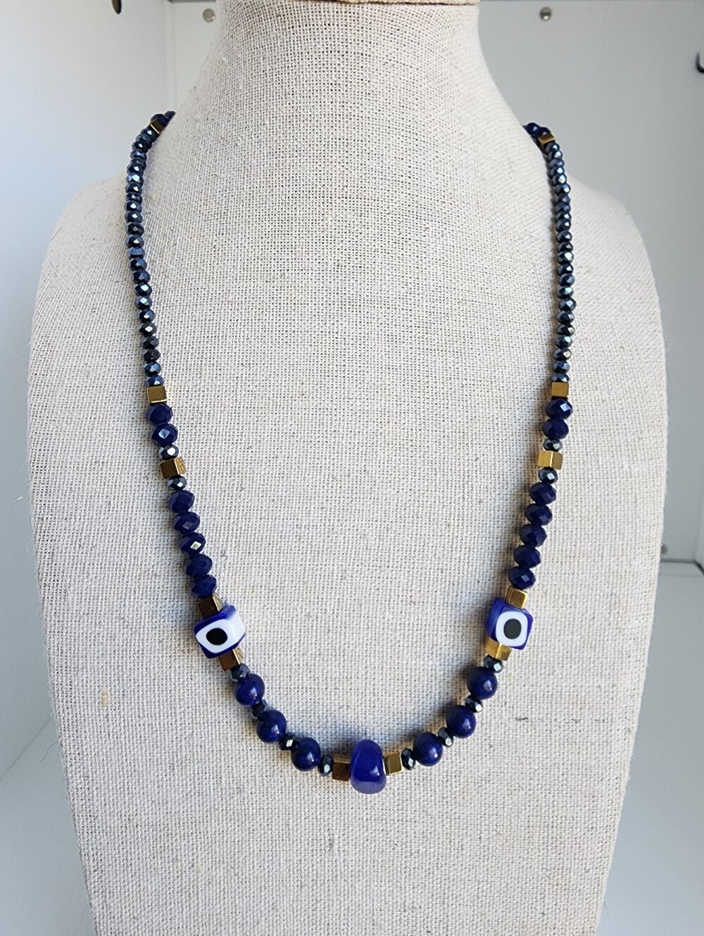 Blue Lapis Lazuli Evil Eye Crystal Necklace Adjustable 18-22 Inches